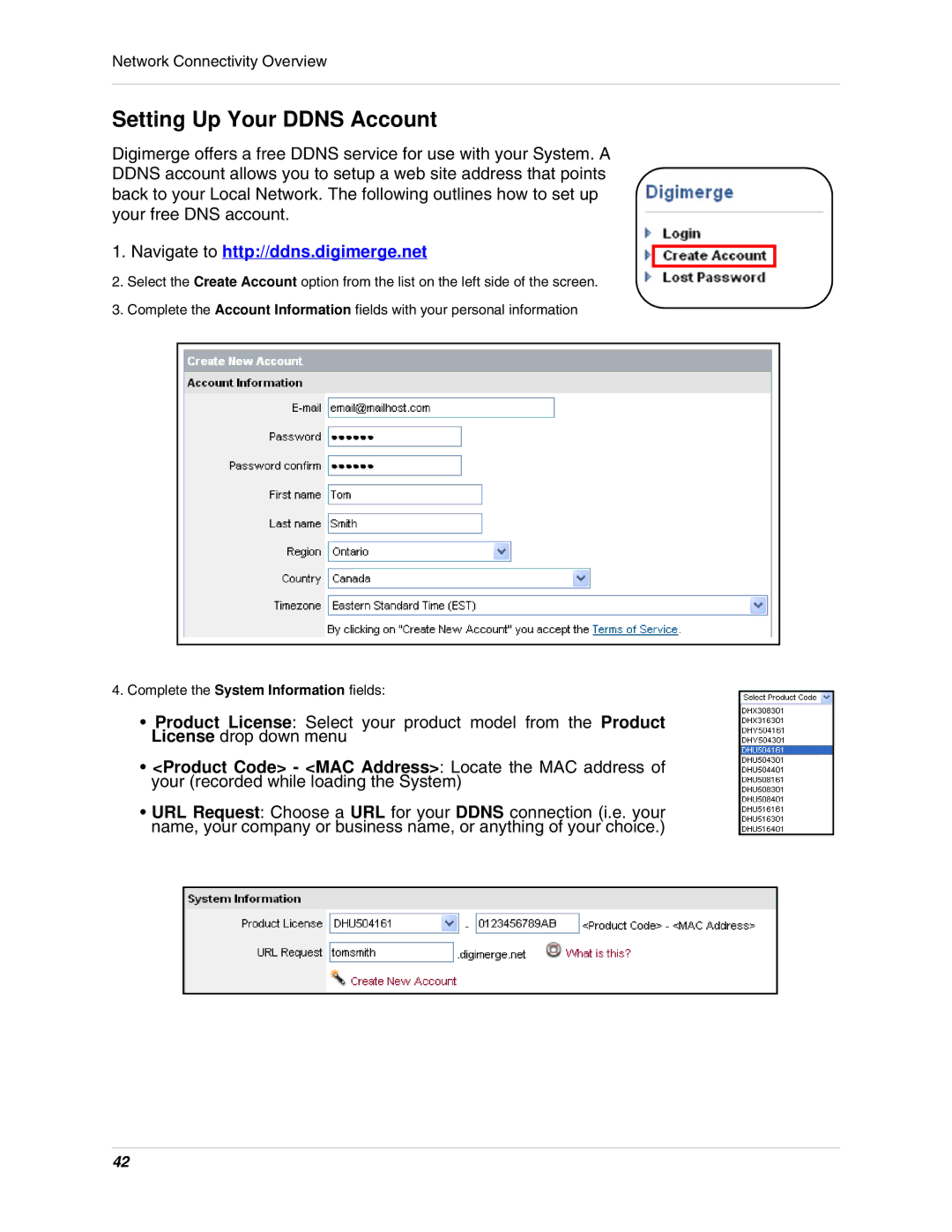 Digimerge DHU104 instruction manual Setting Up Your Ddns Account, Navigate to http//ddns.digimerge.net 