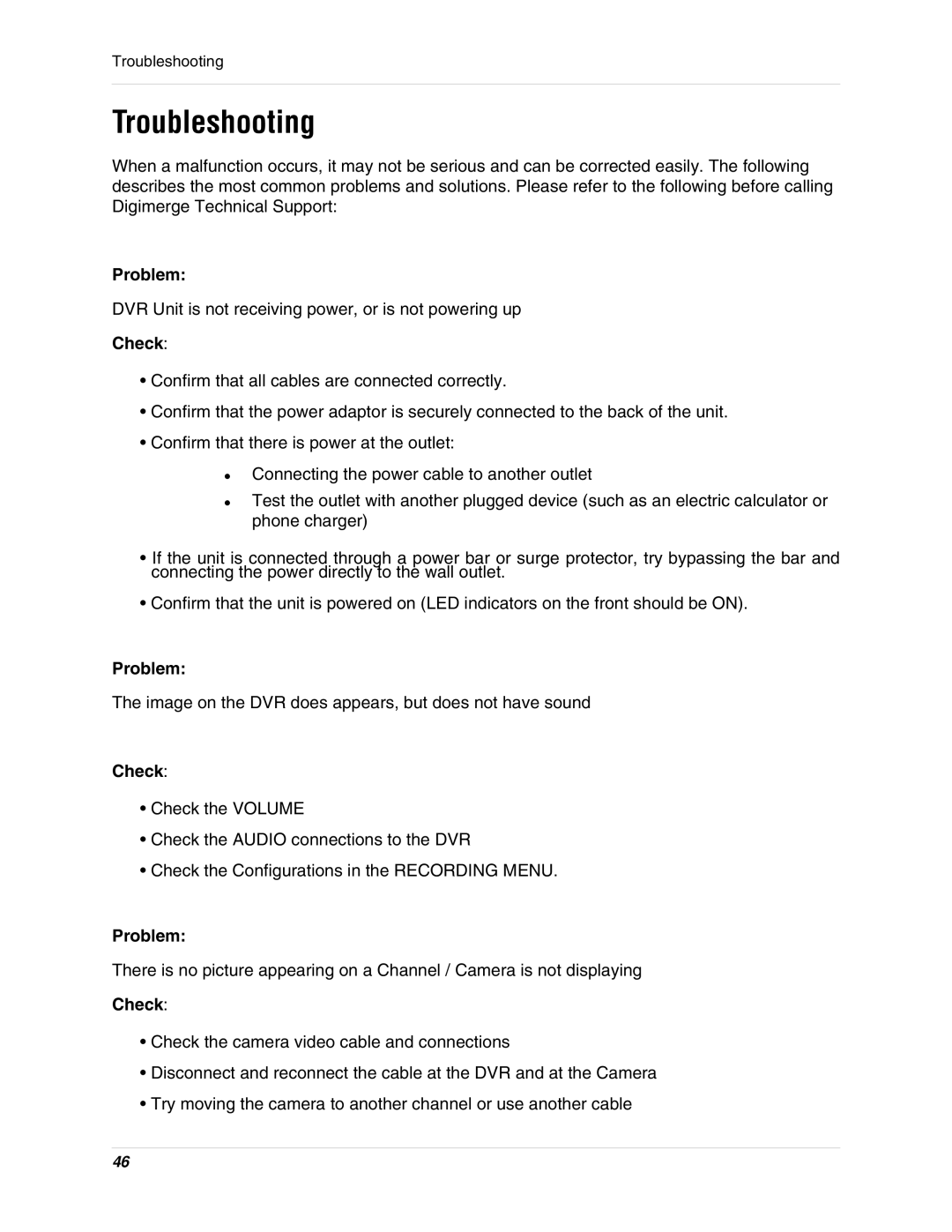 Digimerge DHU104 instruction manual Troubleshooting, Problem, Check 