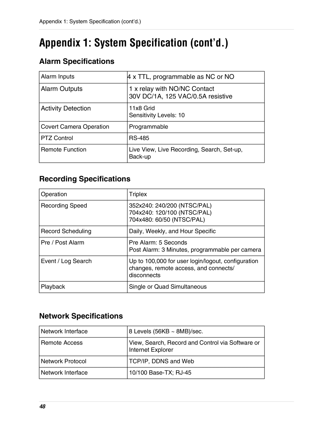 Digimerge DHU104 instruction manual Appendix 1 System Specification cont’d, Alarm Specifications, Recording Specifications 