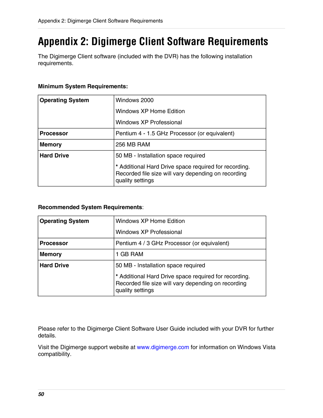 Digimerge DHU104 instruction manual Appendix 2 Digimerge Client Software Requirements 