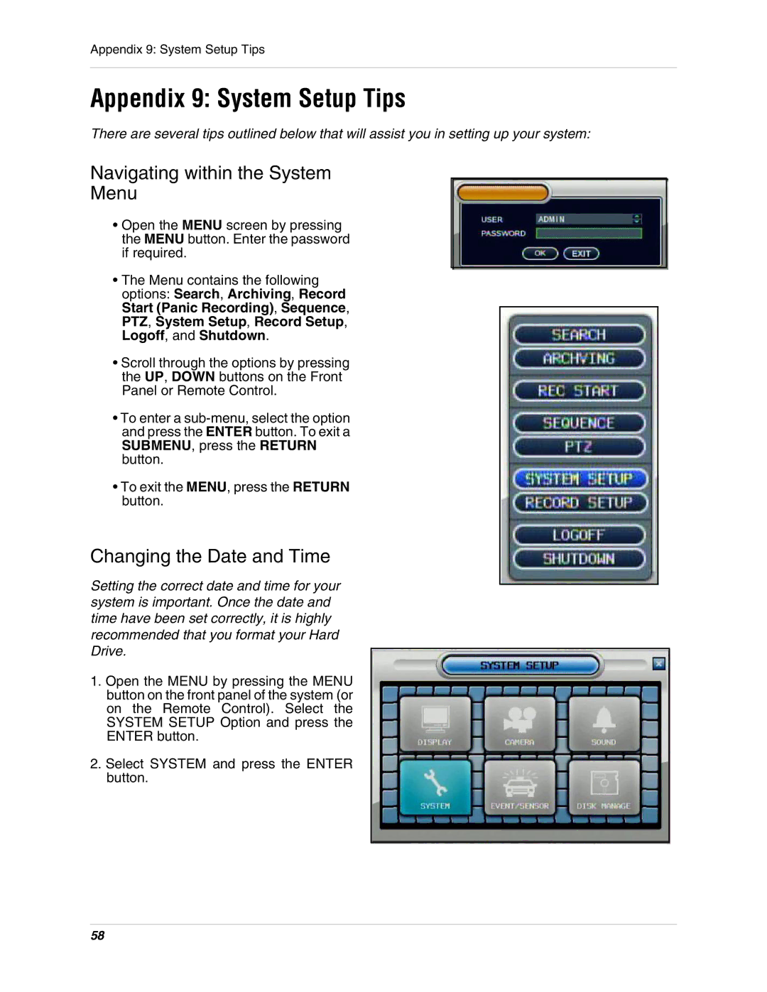 Digimerge DHU104 instruction manual Appendix 9 System Setup Tips, Navigating within the System Menu 