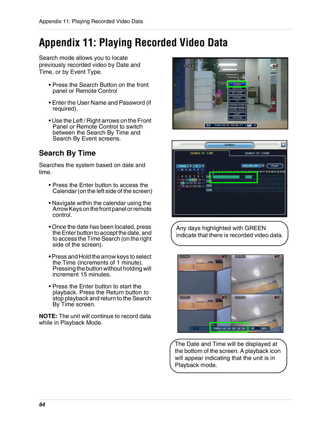 Digimerge DHU104 instruction manual Appendix 11 Playing Recorded Video Data, Search By Time 