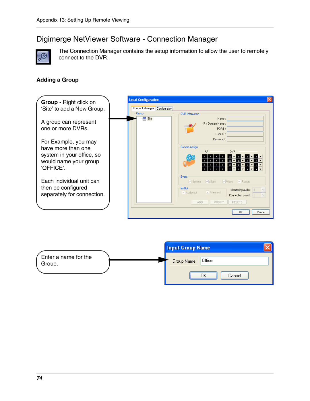 Digimerge DHU104 instruction manual Digimerge NetViewer Software Connection Manager, Adding a Group 