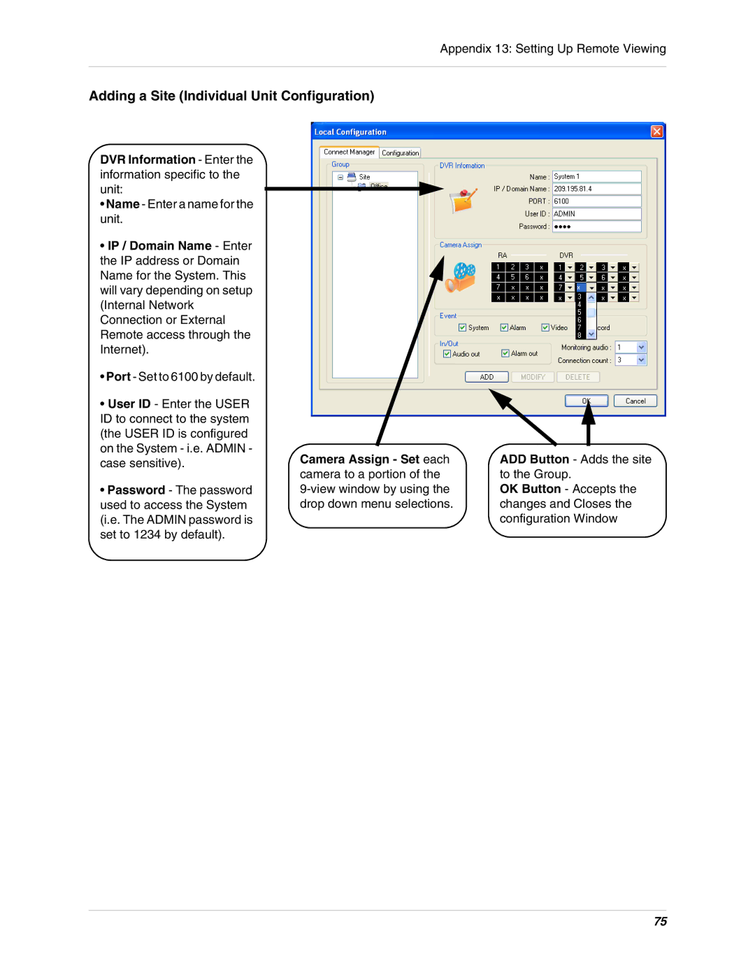 Digimerge DHU104 instruction manual Adding a Site Individual Unit Configuration, Camera Assign Set each camera to a portion 