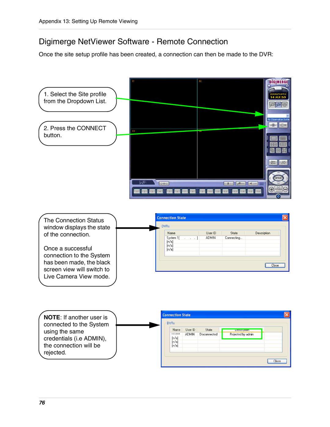 Digimerge DHU104 instruction manual Digimerge NetViewer Software Remote Connection 