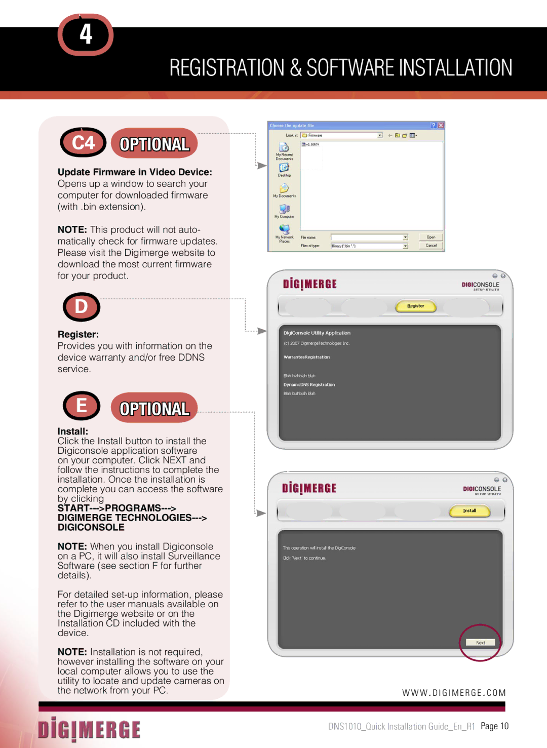 Digimerge DNS1010 manual Registration & Software Installation, C4 Optional 