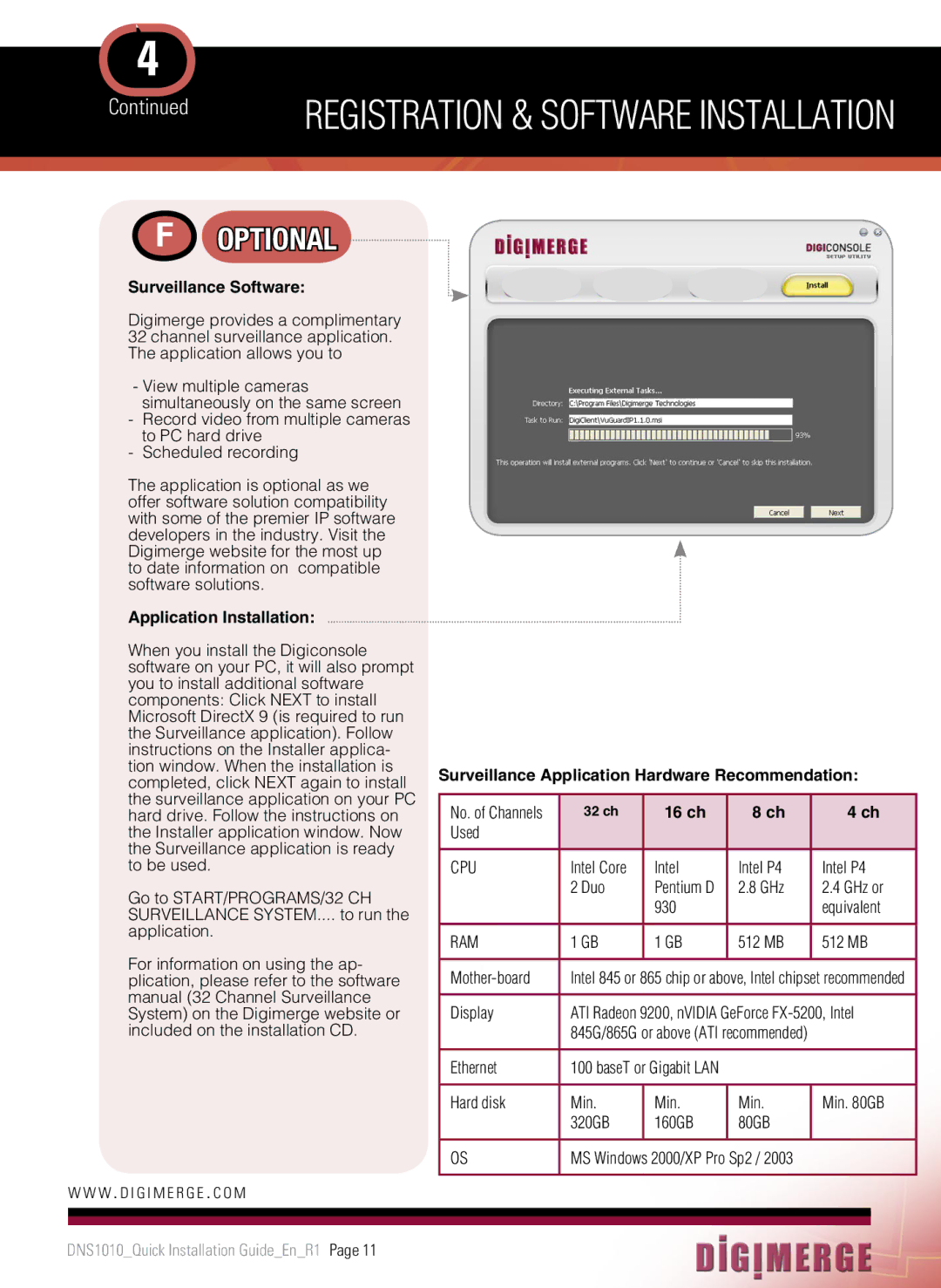 Digimerge DNS1010 Surveillance Software, Application Installation, Surveillance Application Hardware Recommendation, 16 ch 