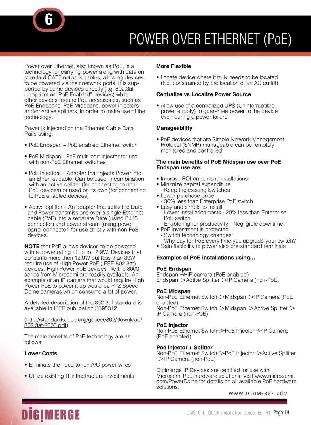 Digimerge DNS1010 manual Lower Costs, More Flexible, Centralize vs Localize Power Source, Manageability, PoE Midspan 