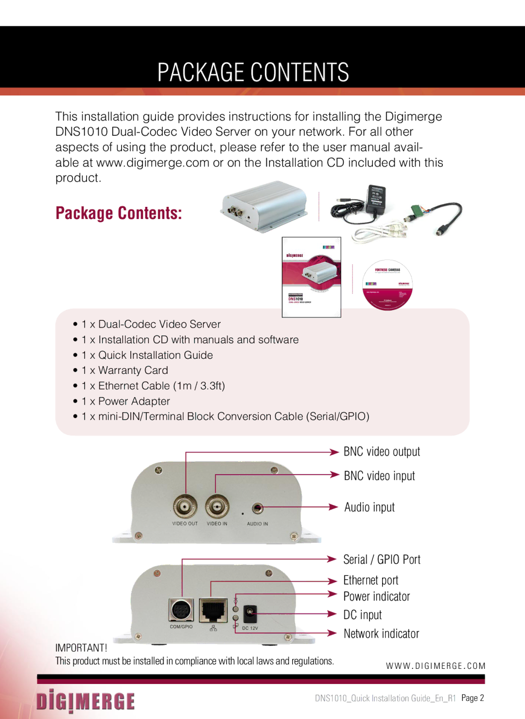 Digimerge DNS1010 manual Package Contents 