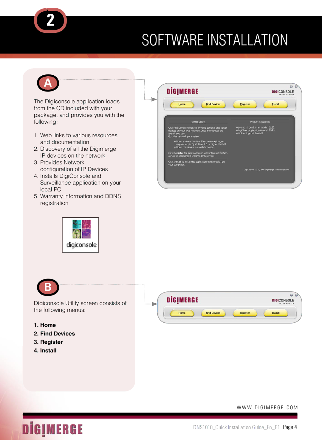 Digimerge DNS1010 manual Software Installation, Home Find Devices Register Install 