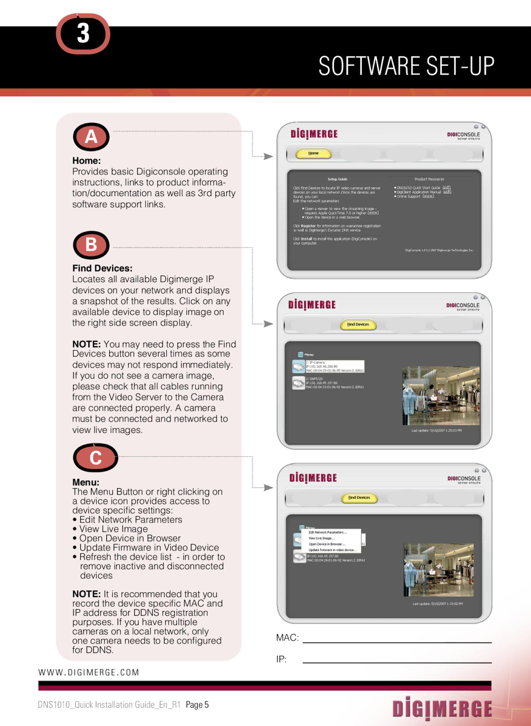 Digimerge DNS1010 manual Software SET-UP, Home, Menu 