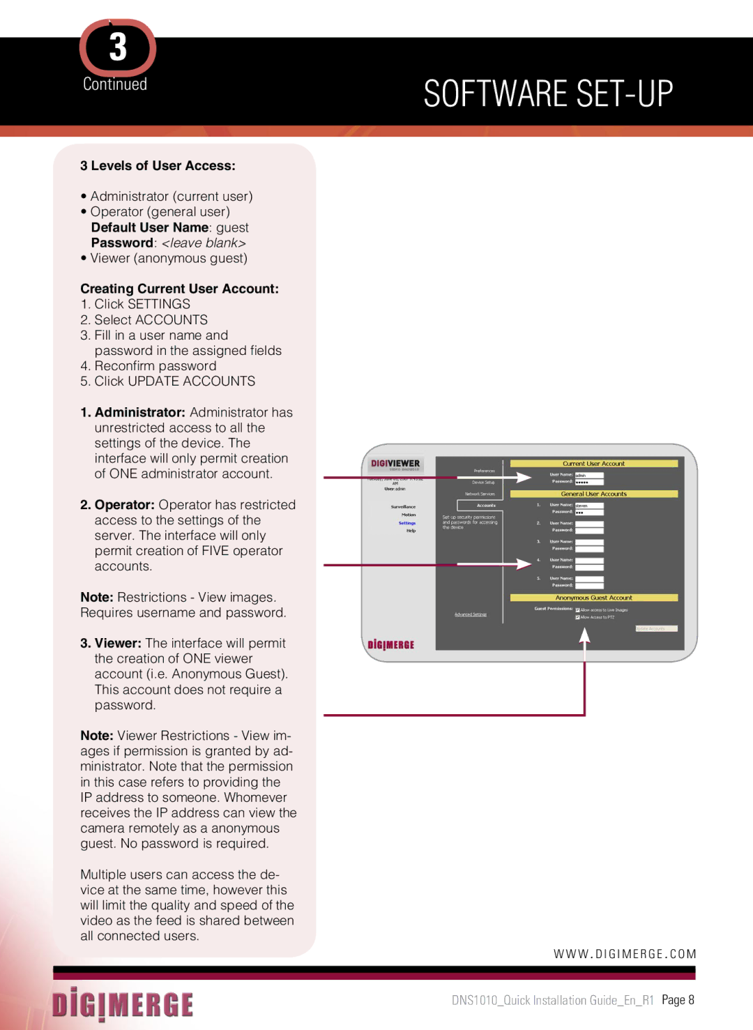 Digimerge DNS1010 manual Levels of User Access, Creating Current User Account 