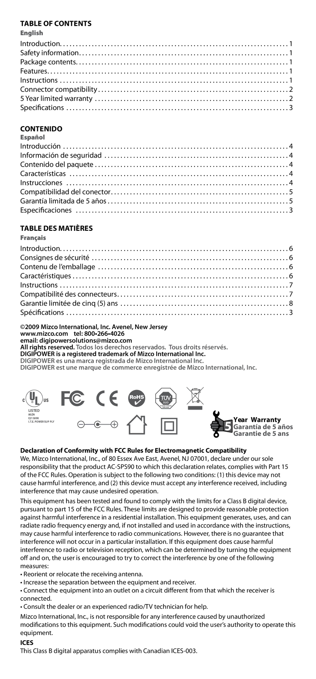 DigiPower AC-SP590 manual Table of Contents, Contenido, Table des matières 