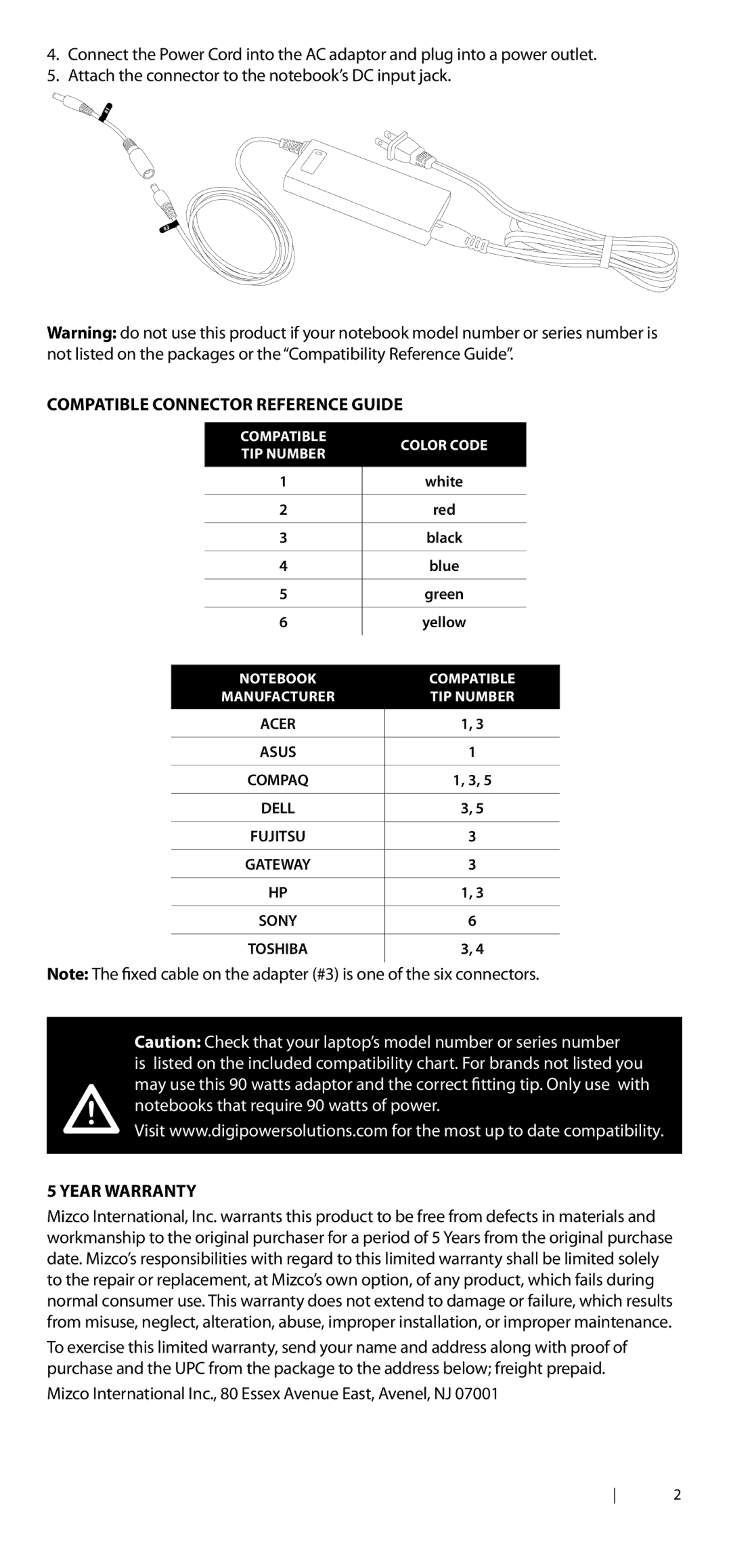 DigiPower AC-SP590 manual Compatible Connector Reference Guide, Year Warranty 