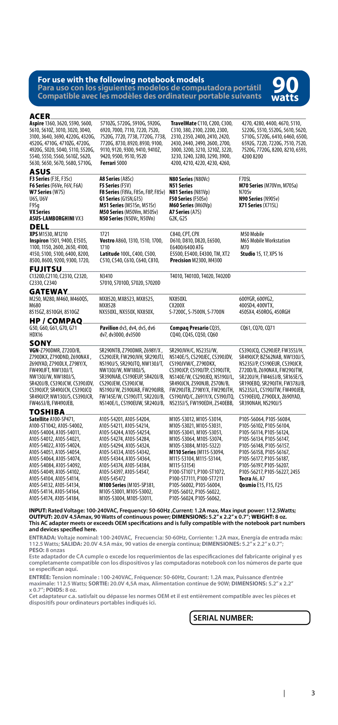 DigiPower AC-SP590 manual For use with the following notebook models, Serial Number 