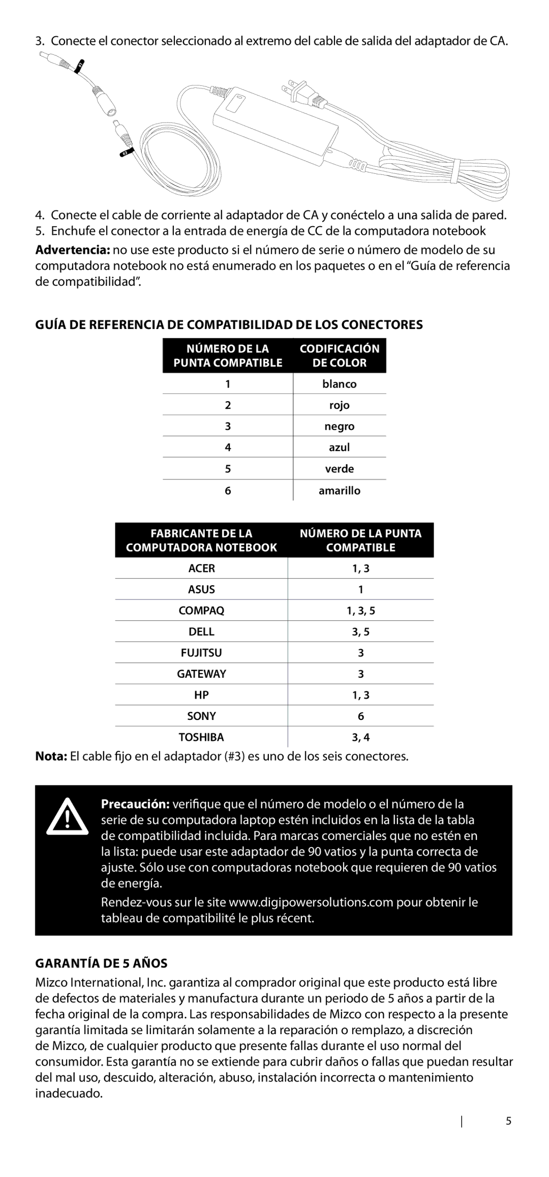 DigiPower AC-SP590 manual Guía de referencia de compatibilidad de los conectores, Garantía de 5 años 