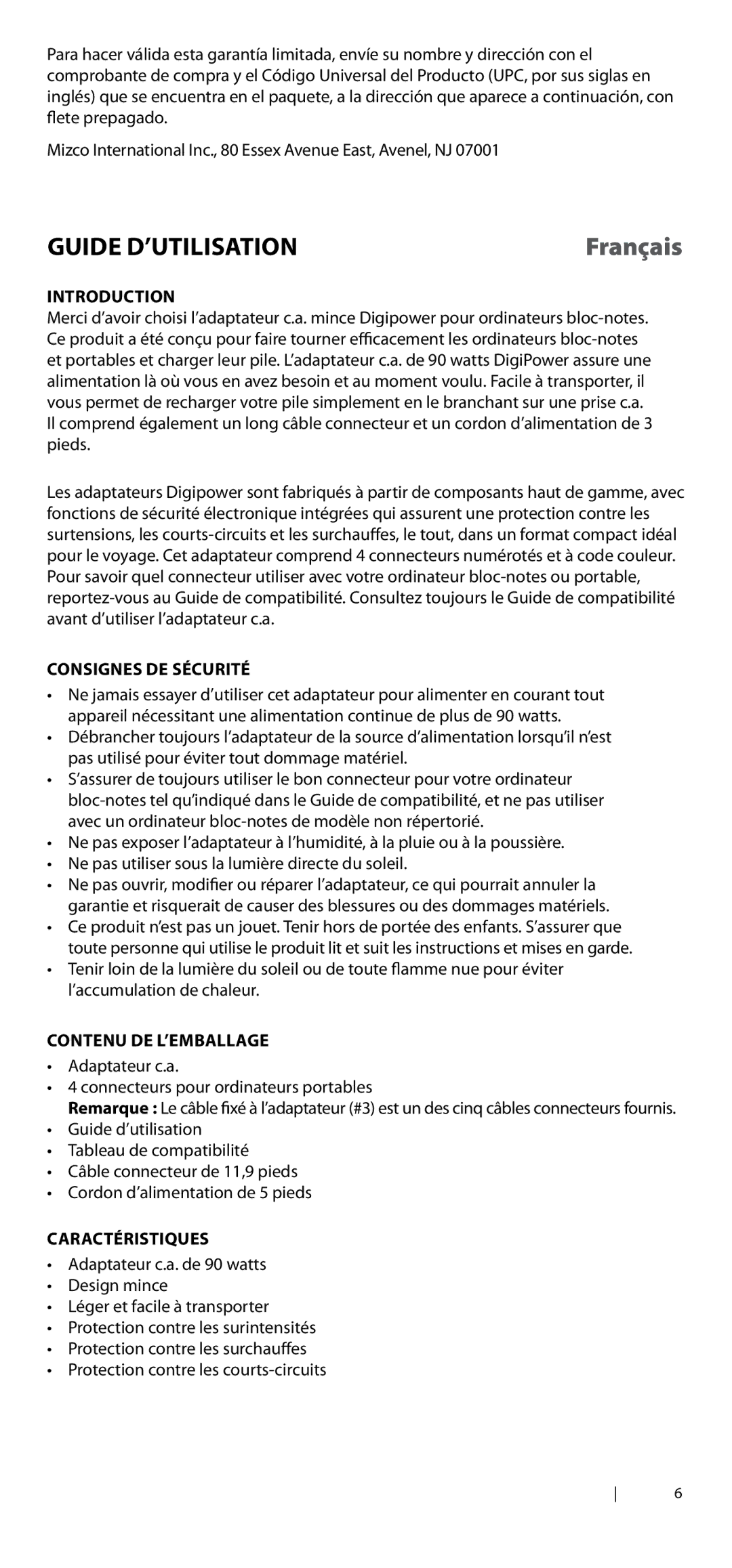 DigiPower AC-SP590 manual Guide d’Utilisation, Consignes de sécurité, Contenu de l’emballage, Caractéristiques 