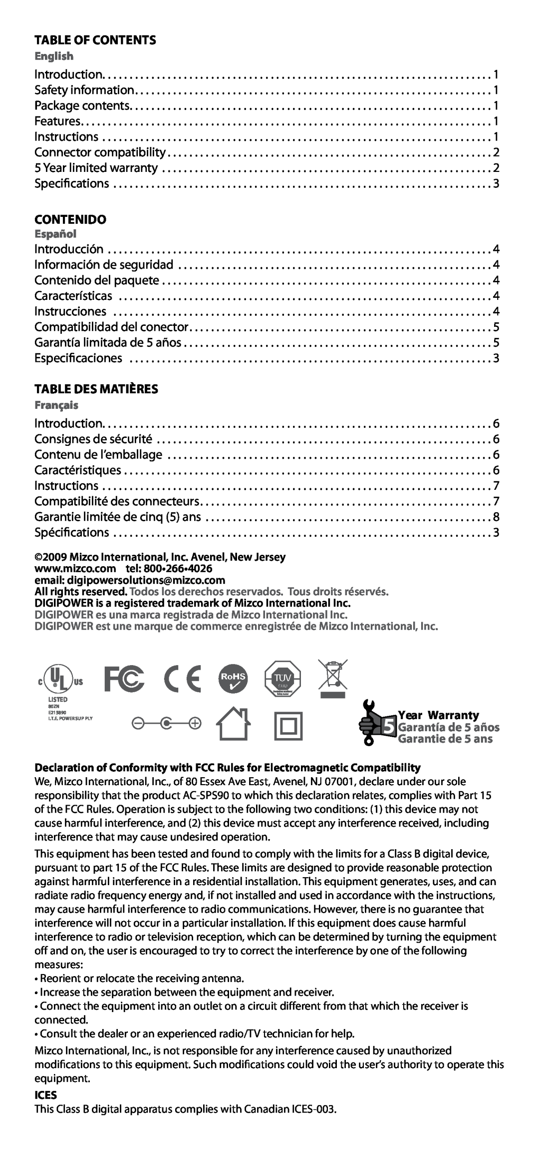 DigiPower AC-SP590 manual Table of Contents, Contenido, Table des matières, English, Español, Français, Ices 