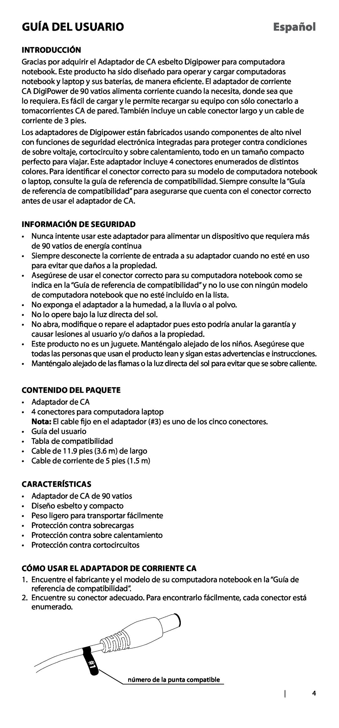 DigiPower AC-SP590 manual Guía del Usuario, Español, Introducción, Información de seguridad, Contenido del paquete 