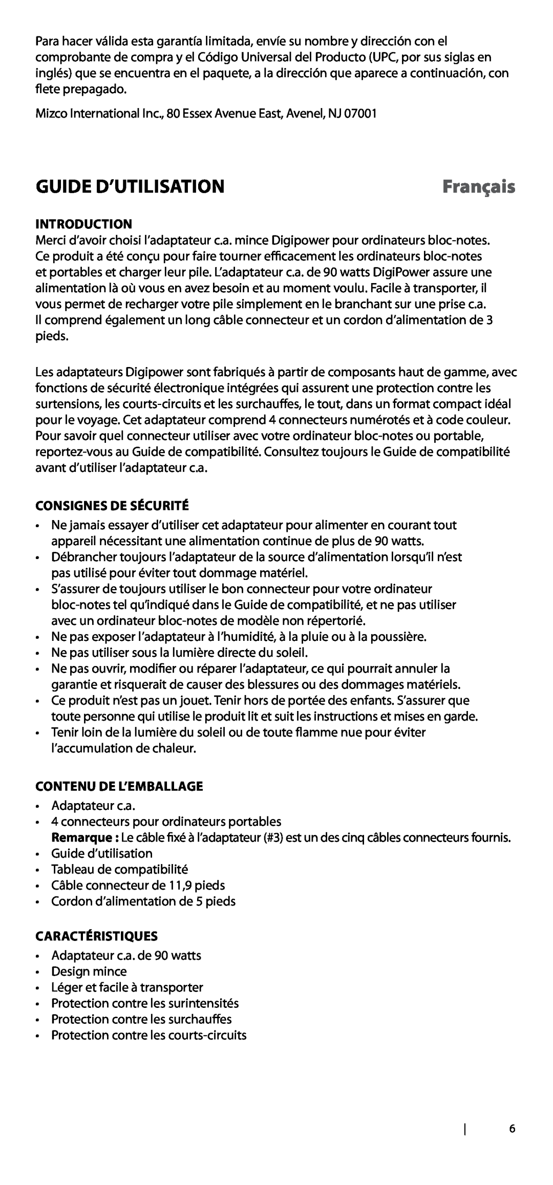 DigiPower AC-SP590 manual Guide d’Utilisation, Consignes de sécurité, Contenu de l’emballage, Caractéristiques, Français 