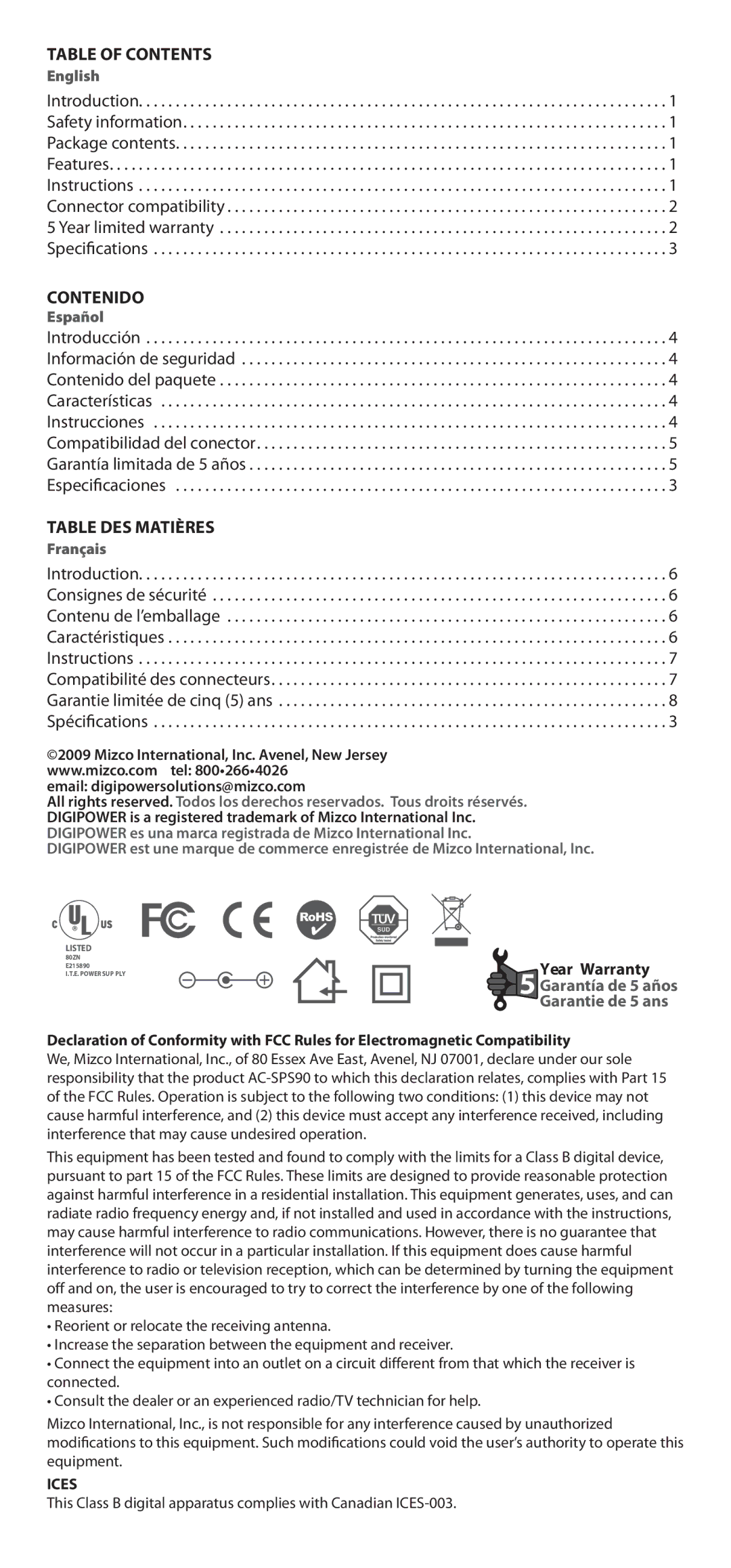 DigiPower ac-sps90 manual Table of Contents, Contenido, Table des matières 