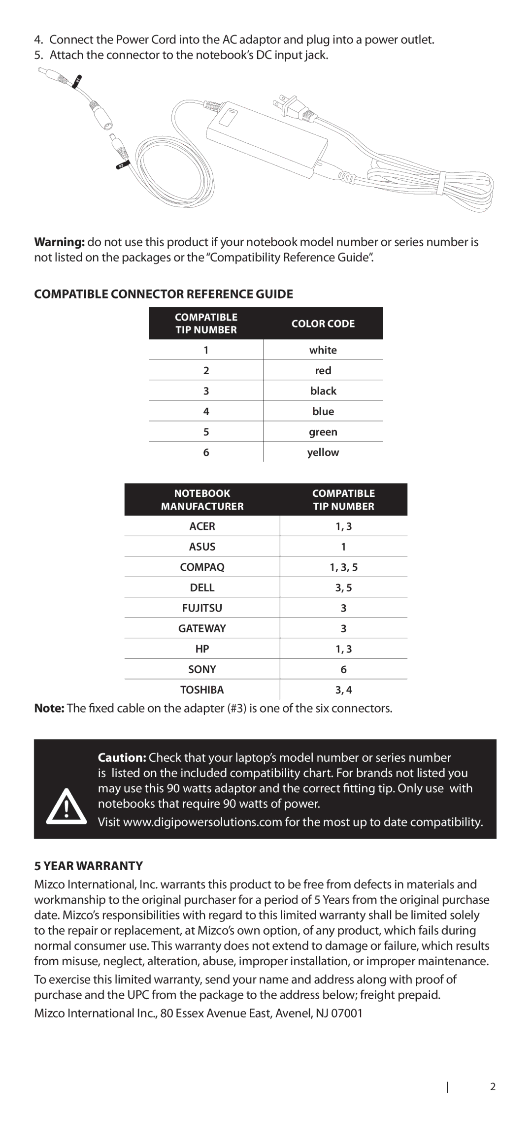 DigiPower ac-sps90 manual Compatible Connector Reference Guide, Year Warranty 