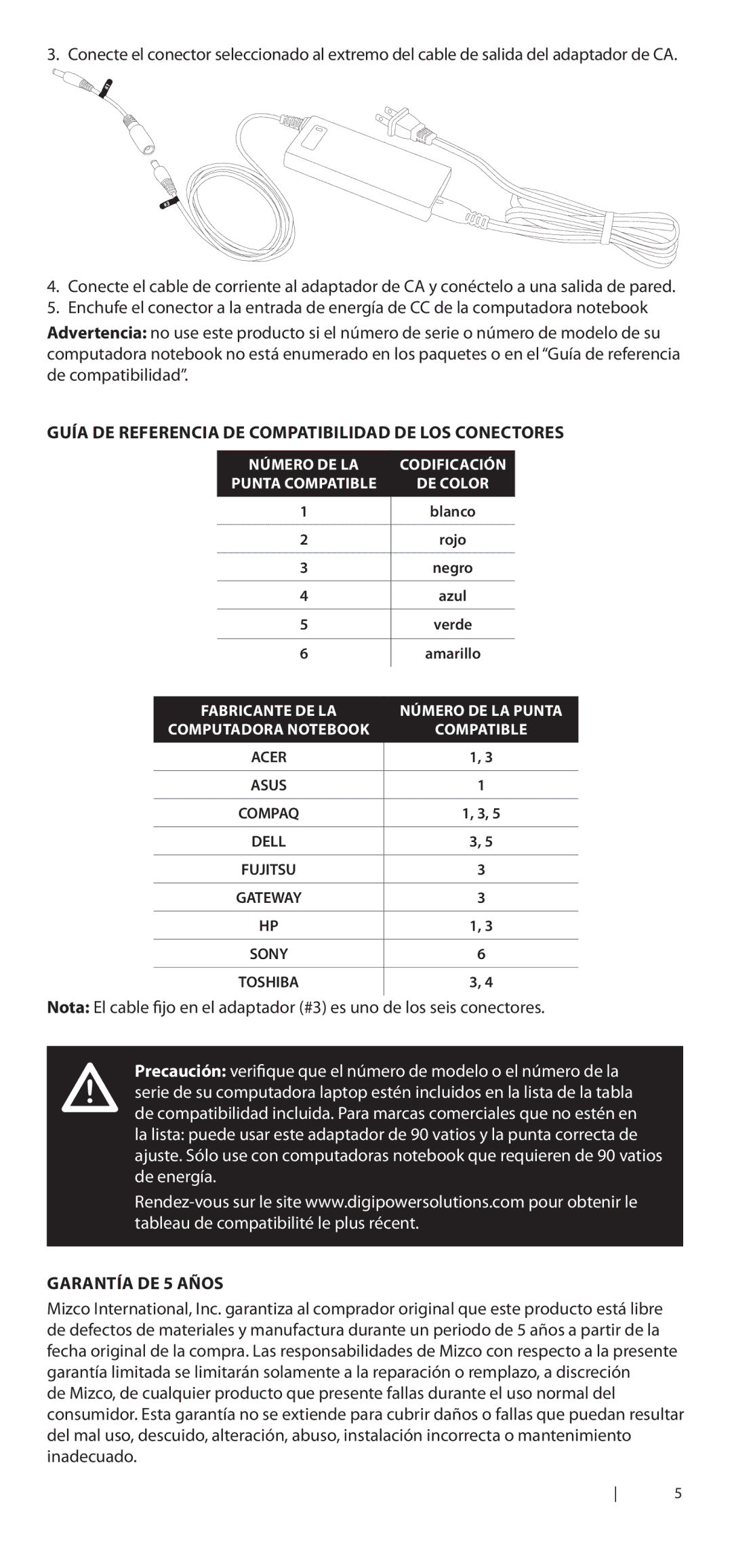 DigiPower ac-sps90 manual Guía de referencia de compatibilidad de los conectores, Garantía de 5 años 