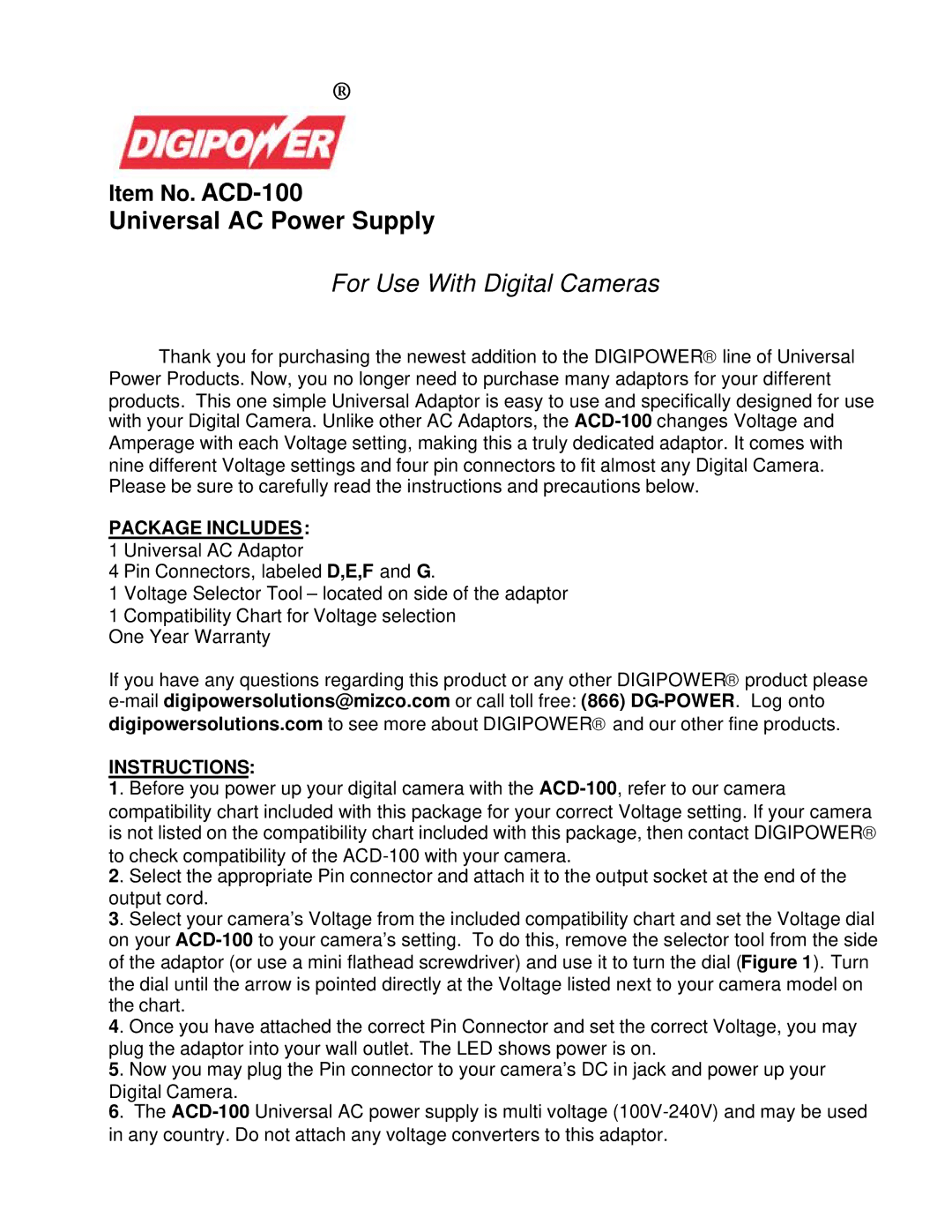 DigiPower ACD-100 warranty Package Includes, Instructions 