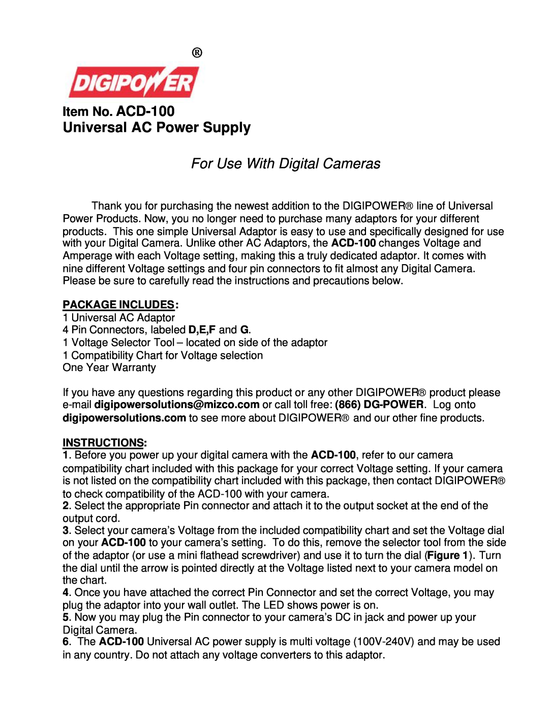 DigiPower ACD-100 warranty Introduction, Please carefully read the instructions below, Package Includes, Instructions 