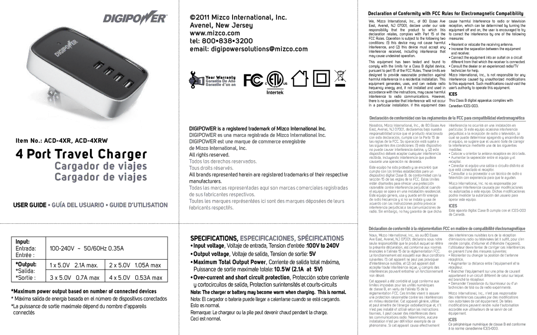 DigiPower ACD-4XR specifications Mizco International, Inc, Email digipowersolutions@mizco.com 