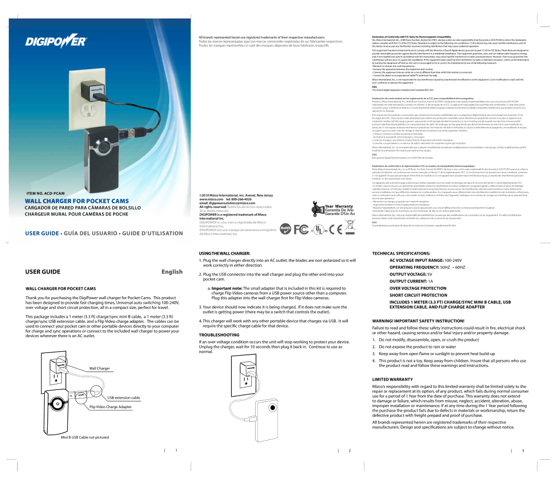 DigiPower ACD-PCAM warranty English, Wall Charger for Pocket Cams, Using the wall charger, Troubleshooting 