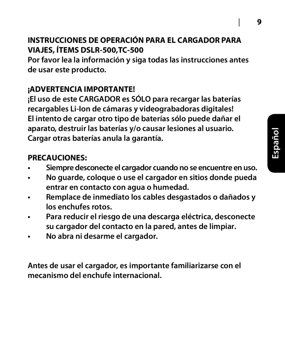 DigiPower DSLR-500 manual ¡ADVERTENCIA Importante, Precauciones 