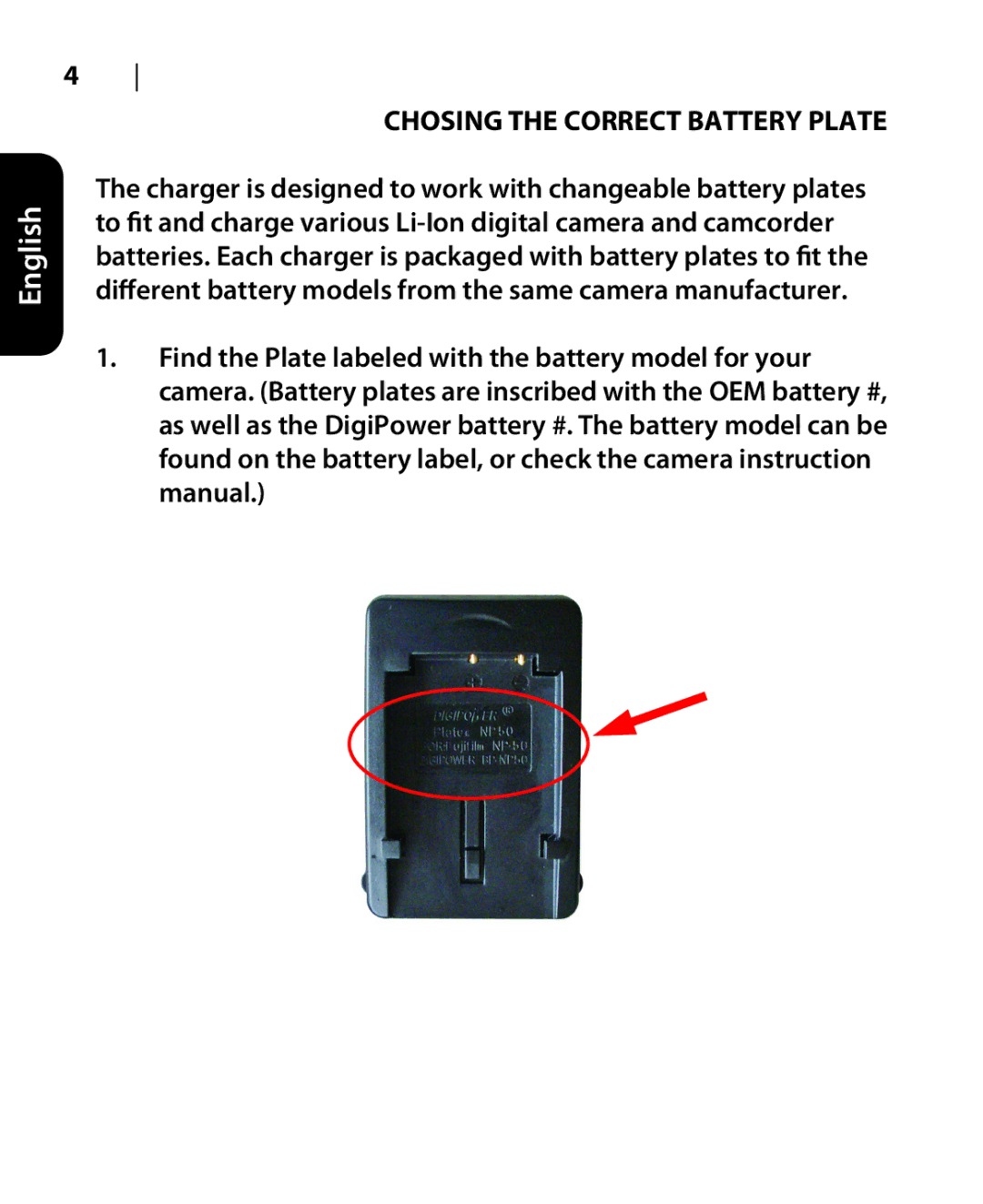 DigiPower DSLR-500 manual Chosing the Correct Battery Plate 