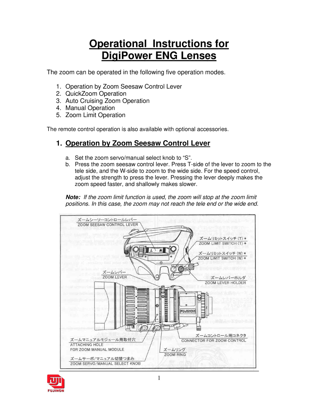 DigiPower manual Operational Instructions for DigiPower ENG Lenses, Operation by Zoom Seesaw Control Lever 