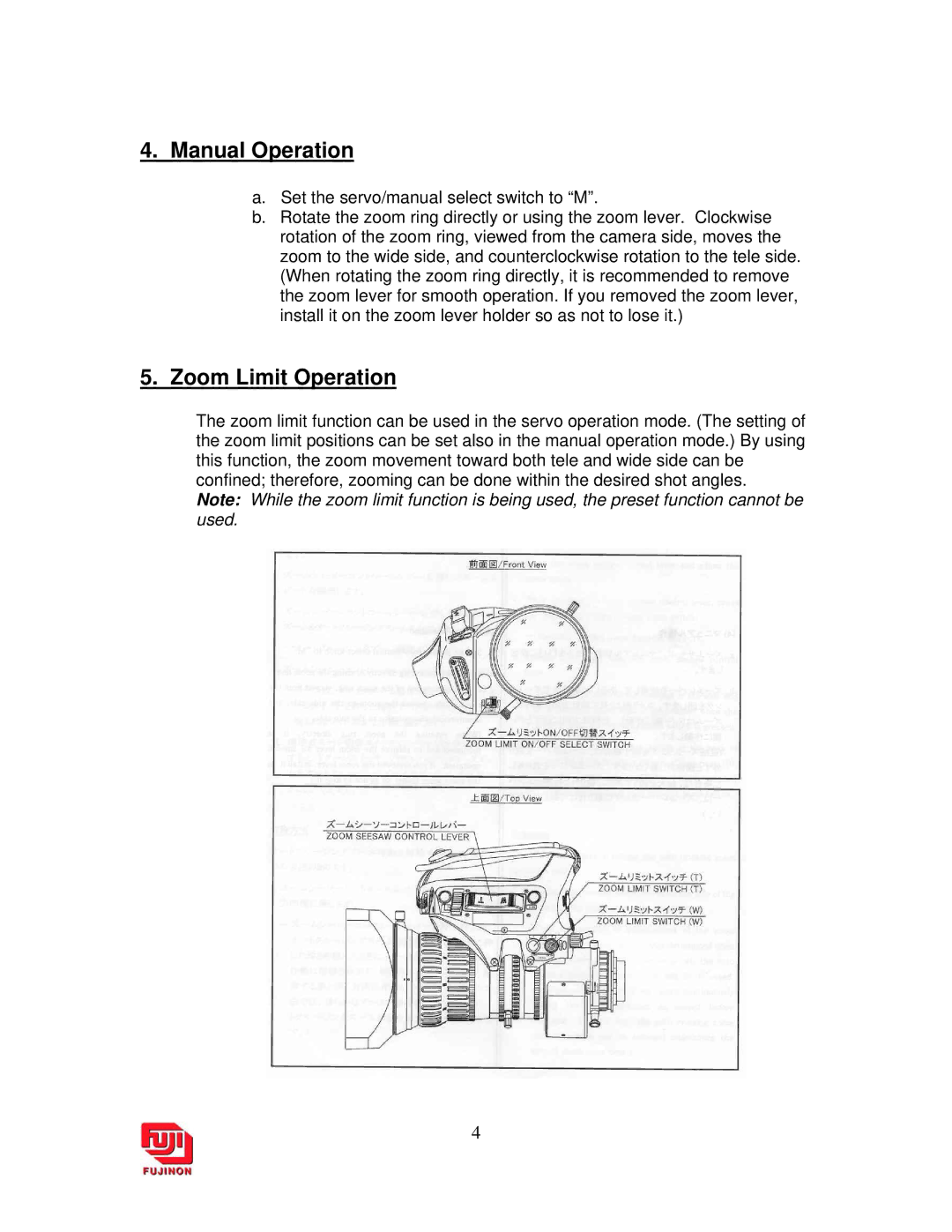 DigiPower ENG Lenses manual Manual Operation, Zoom Limit Operation 