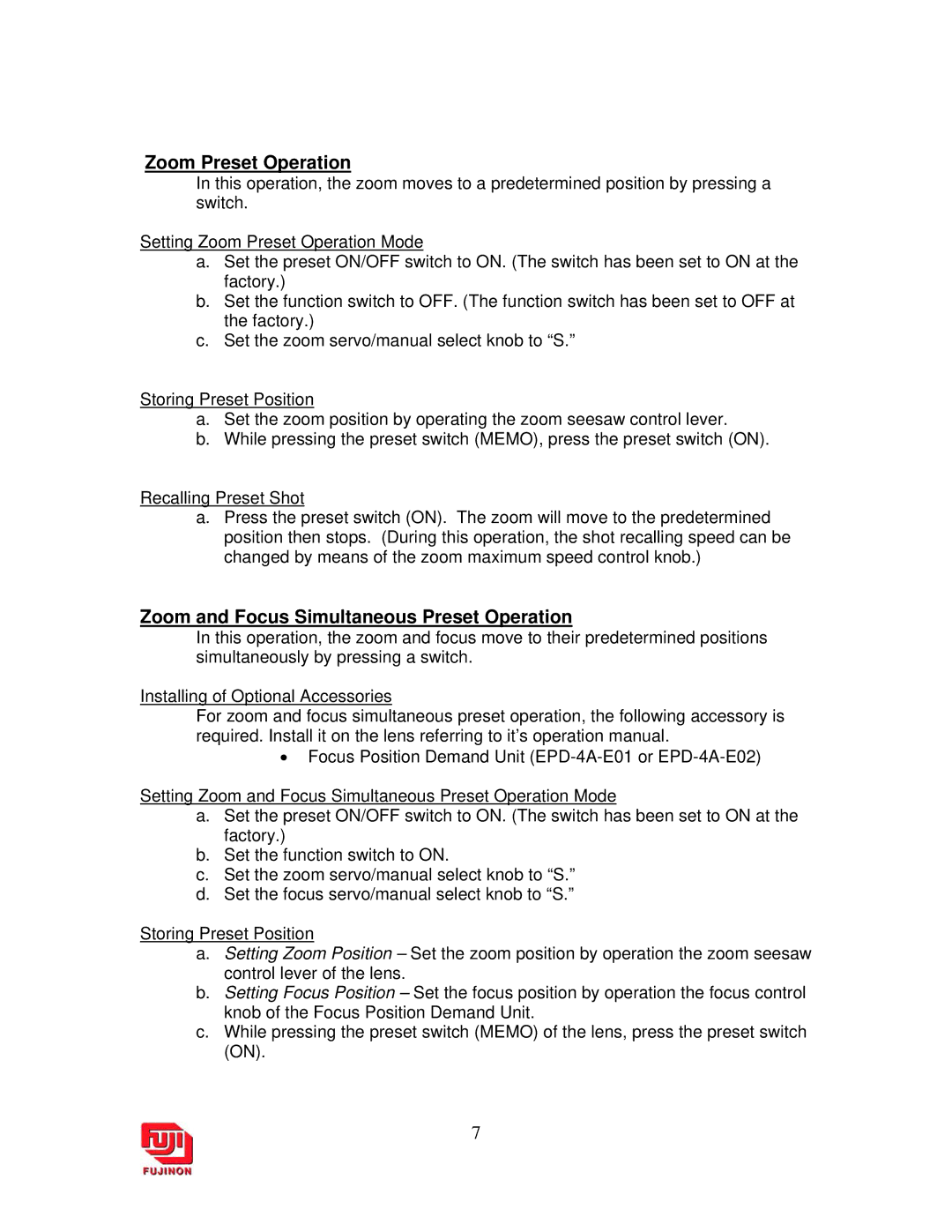 DigiPower ENG Lenses manual Zoom Preset Operation 