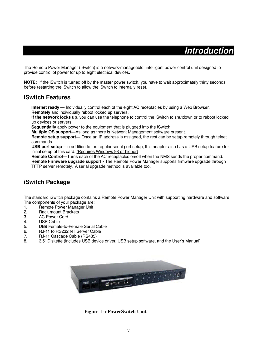 DigiPower ePowerSwitch user manual Introduction, ISwitch Features 