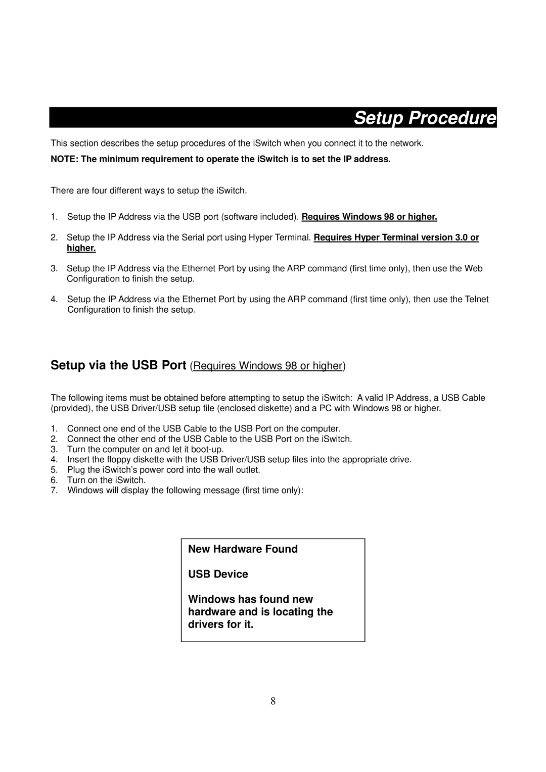 DigiPower ePowerSwitch user manual Setup Procedure, Setup via the USB Port Requires Windows 98 or higher 