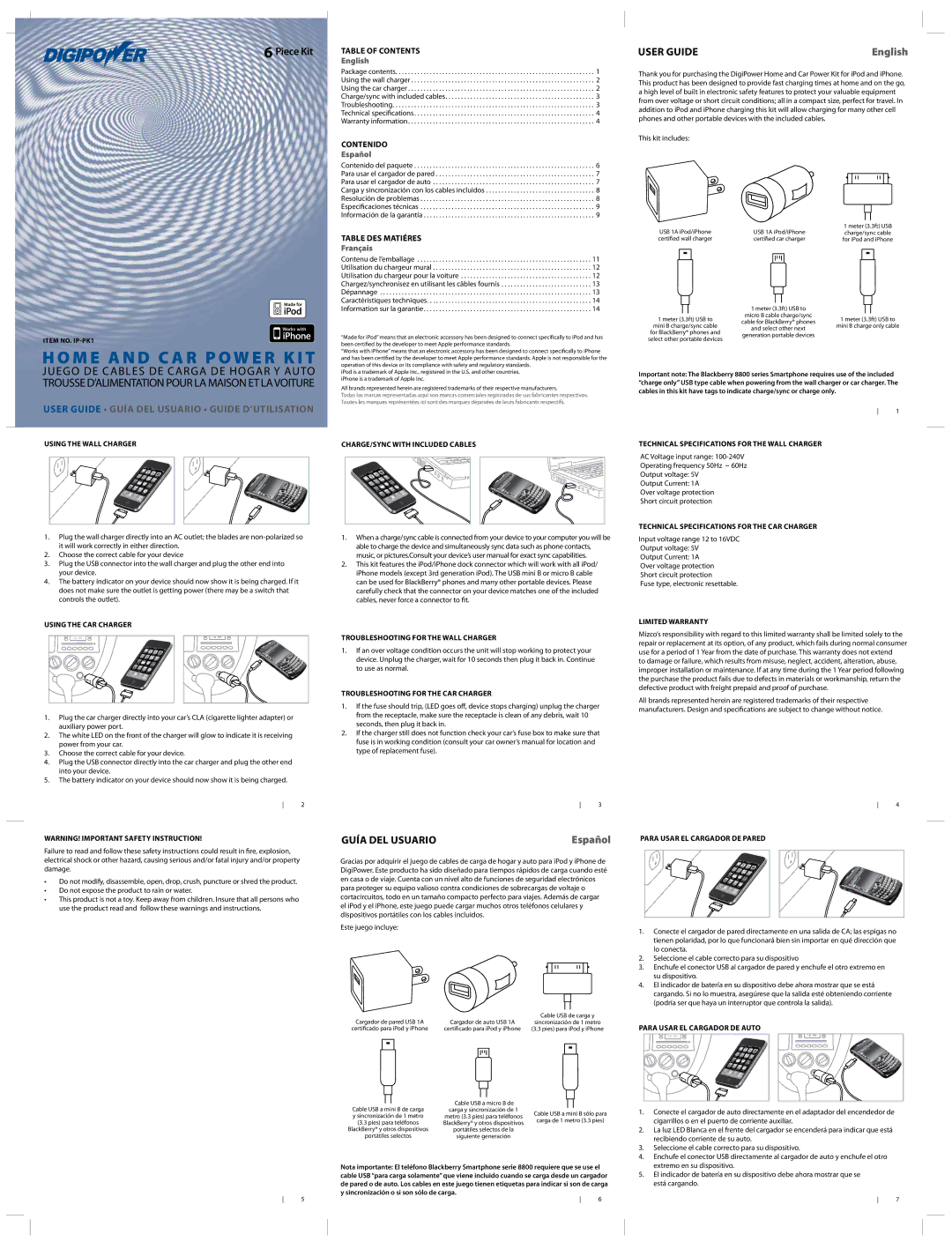 DigiPower IP-PK1 warranty Limited Warranty, Para Usar EL Cargador DE Pared, Para Usar EL Cargador DE Auto 