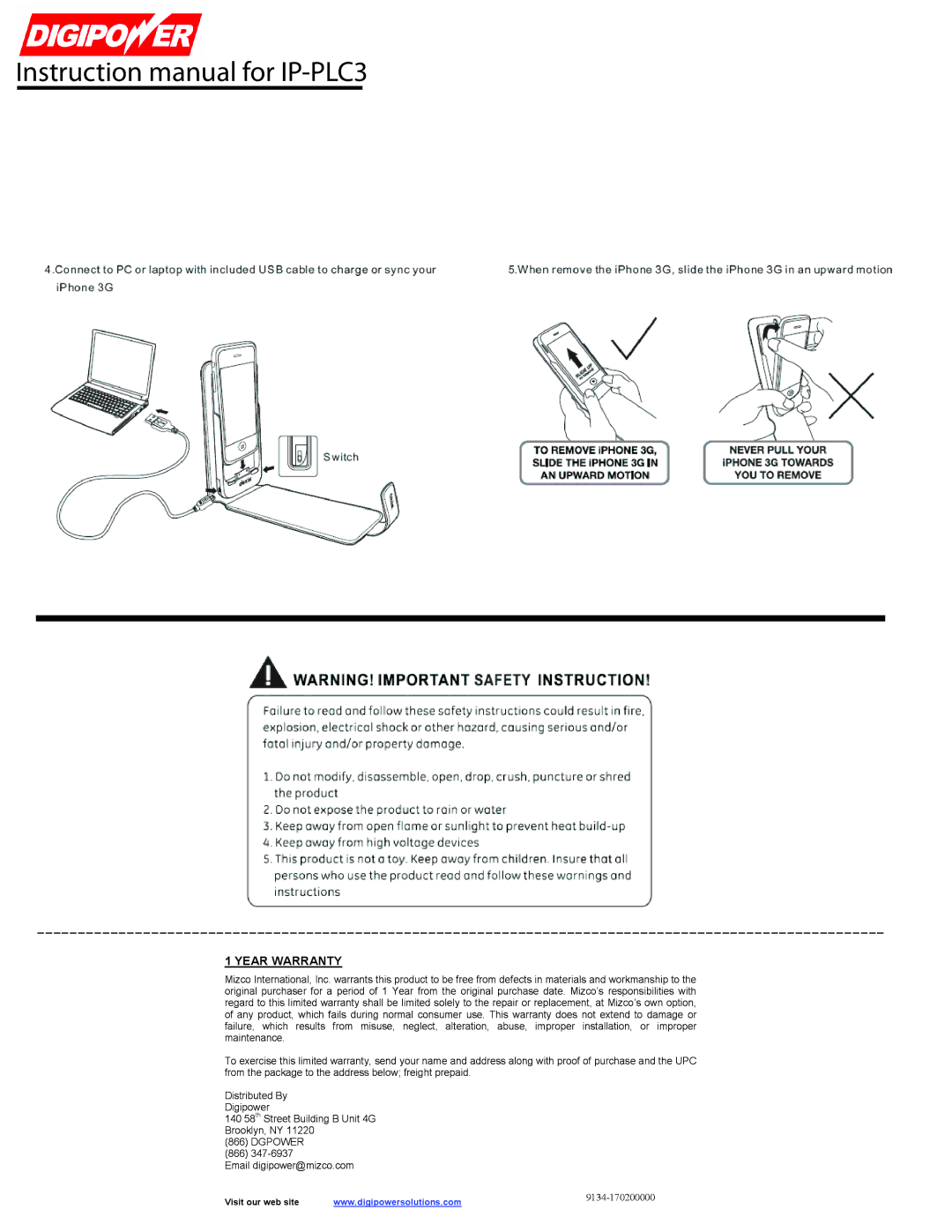 DigiPower IP-PLC3 instruction manual Year Warranty 