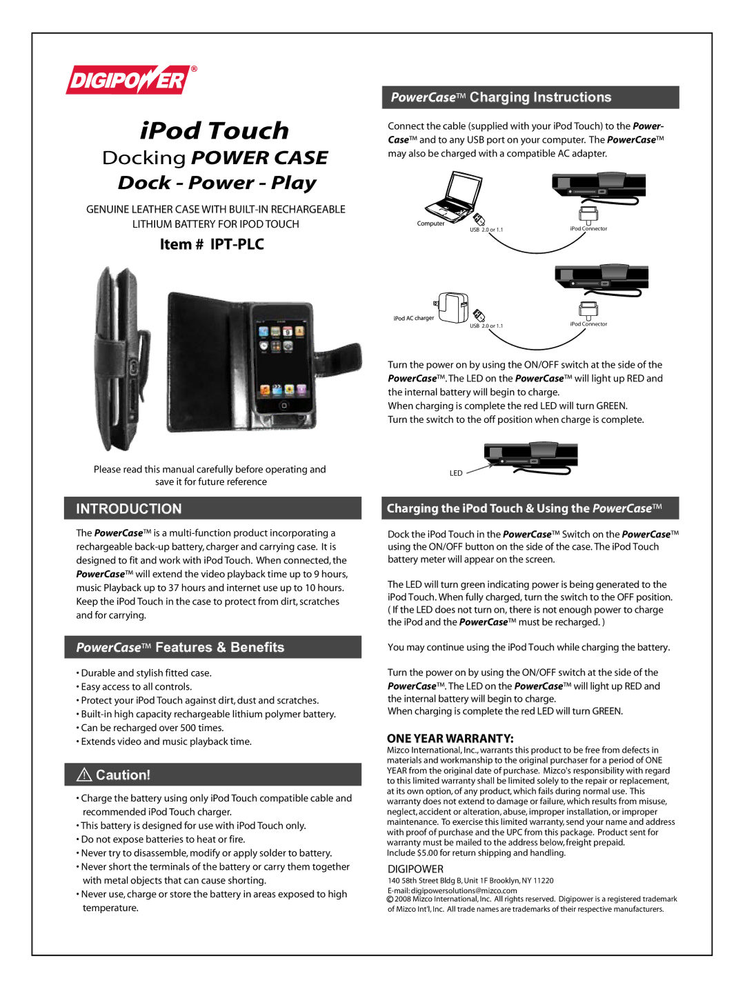 DigiPower iPT-PLC warranty IPod Touch, Docking Power Case Dock Power Play, Item # IPT-PLC, Introduction 