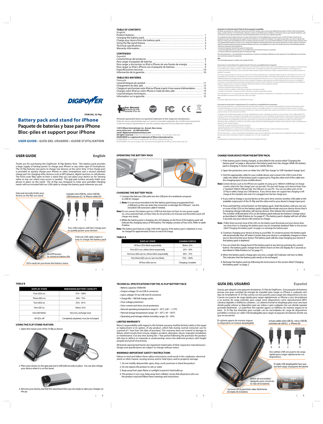 DigiPower JS-Flip technical specifications Table B, Using the flip stand feature, Table of Contents, Contenido, Table a 