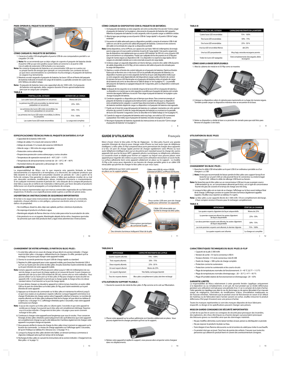 DigiPower JS-Flip Garantía Limitada, ¡ADVERTENCIA! ¡INSTRUCCIONES DE Seguridad Importantes, Garantie Limitée 