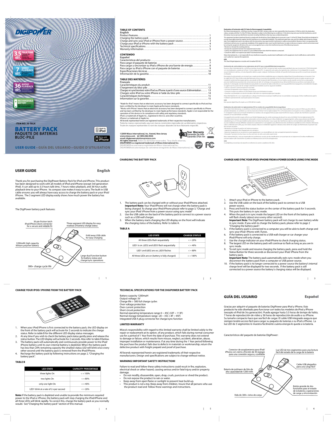 DigiPower JS-TALK warranty Table of Contents, Contenido, Table des matiéres Français, Charging the battery pack, Table a 