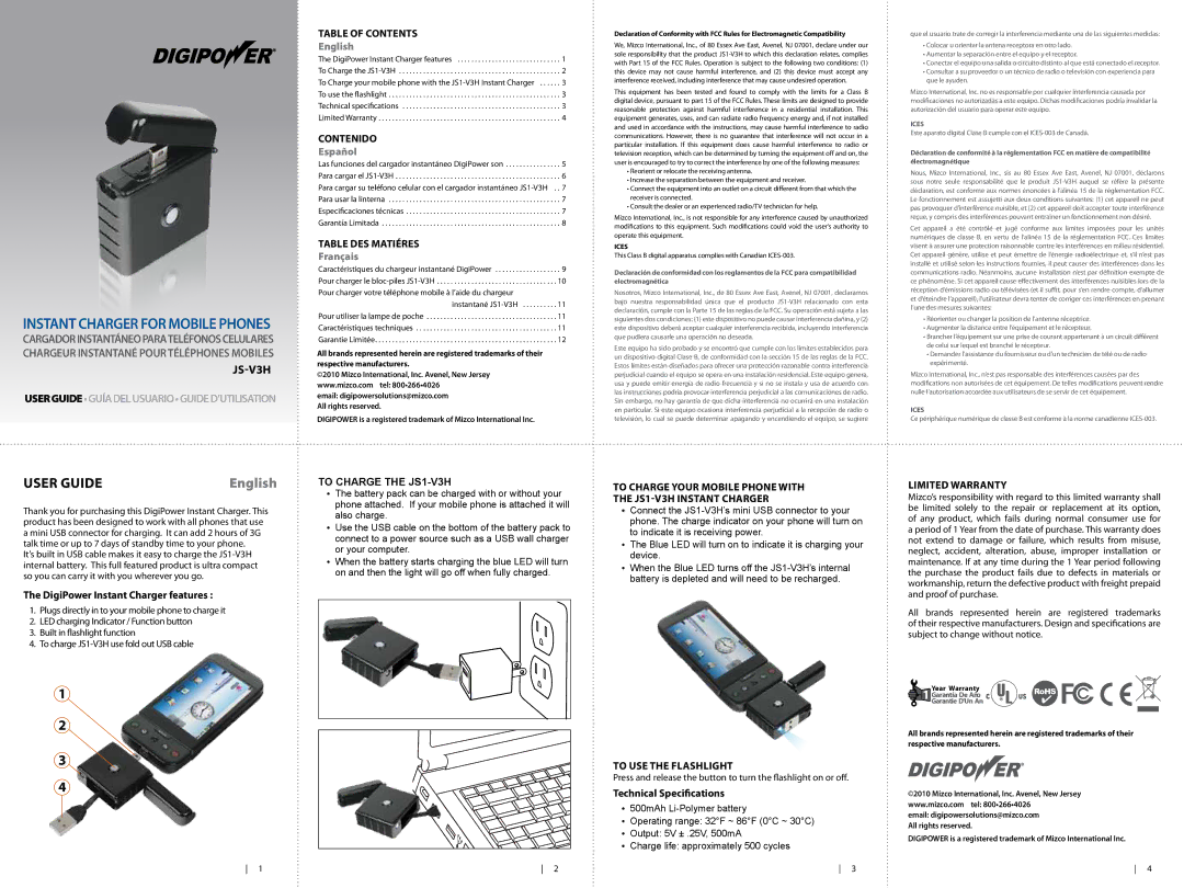 DigiPower JS-V3H warranty Table of Contents, Contenido, Table des matiéres, DigiPower Instant Charger features 