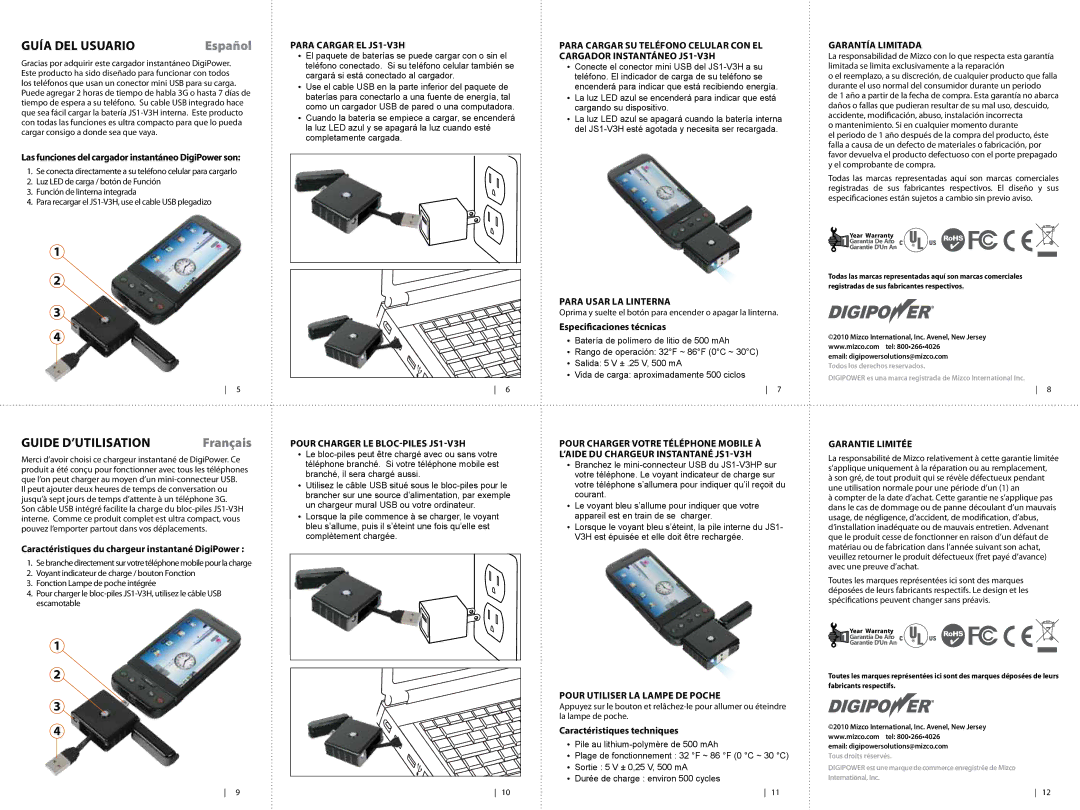 DigiPower JS-V3H Las funciones del cargador instantáneo DigiPower son, Caractéristiques du chargeur instantané DigiPower 