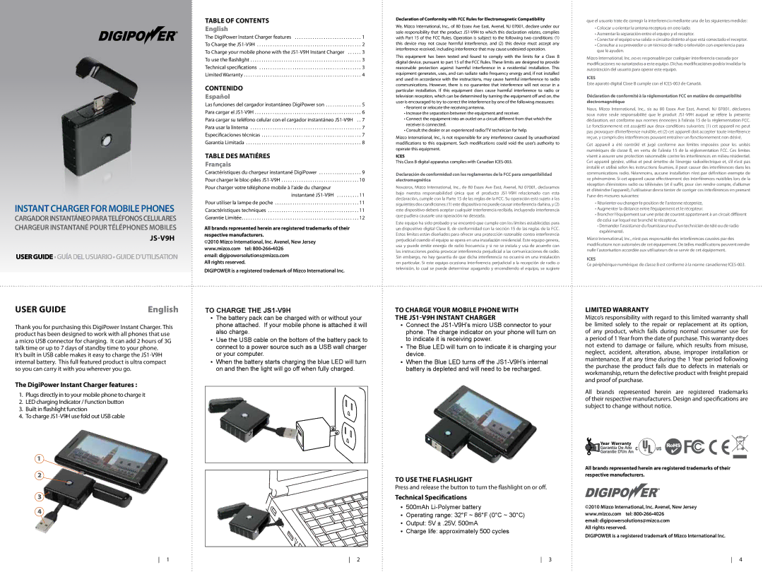 DigiPower JS1-V9H, JS-V9H warranty User Guide, English, Español, Français, Limited Warranty 