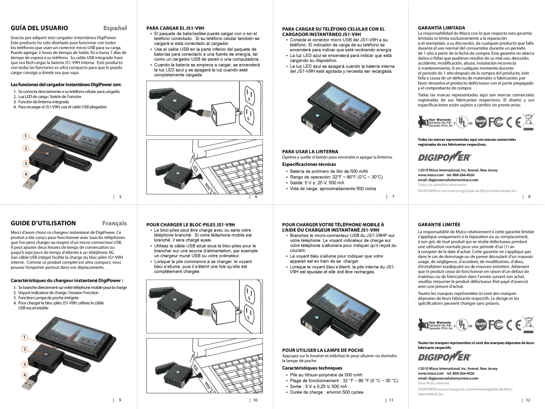 DigiPower JS-V9H, JS1-V9H warranty Guía del Usuario, Français, Garantía Limitada, Garantie Limitée 