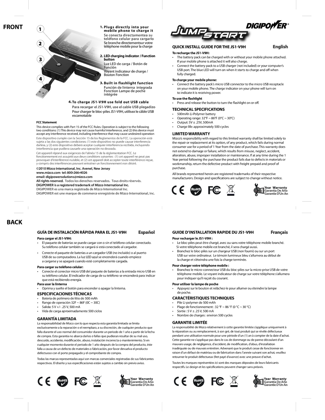 DigiPower JS1-V9H technical specifications Quick Install Guide for the JS1V9H, Technical Specifications, Limited Warranty 