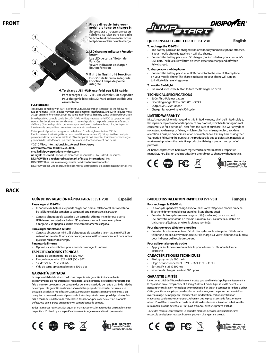 DigiPower JS1-VH3 technical specifications Technical Specifications, Limited Warranty, Especificaciones Técnicas 